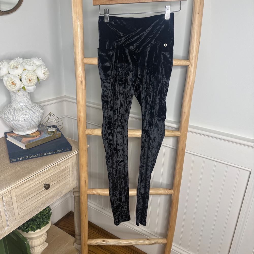 Fabletics Black Crushed Velour Crossover Leggings High Waisted Small